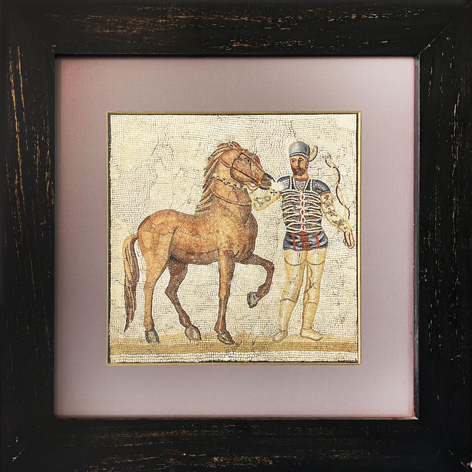 ROMAN MOSAIC LITHOGRAPHS, a set of four, depiciting charioteers, 53.5cm x 53.5cm, framed and glazed. - Image 4 of 5