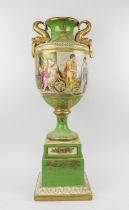 CERAMIC URN, Continental porcelain, two handles form, hand painted and gilded, depicting classical