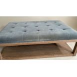 HEARTH/CENTRE STOOL, grey oak framed with buttoned smoke blue velvet upholstery and undertier, 136cm