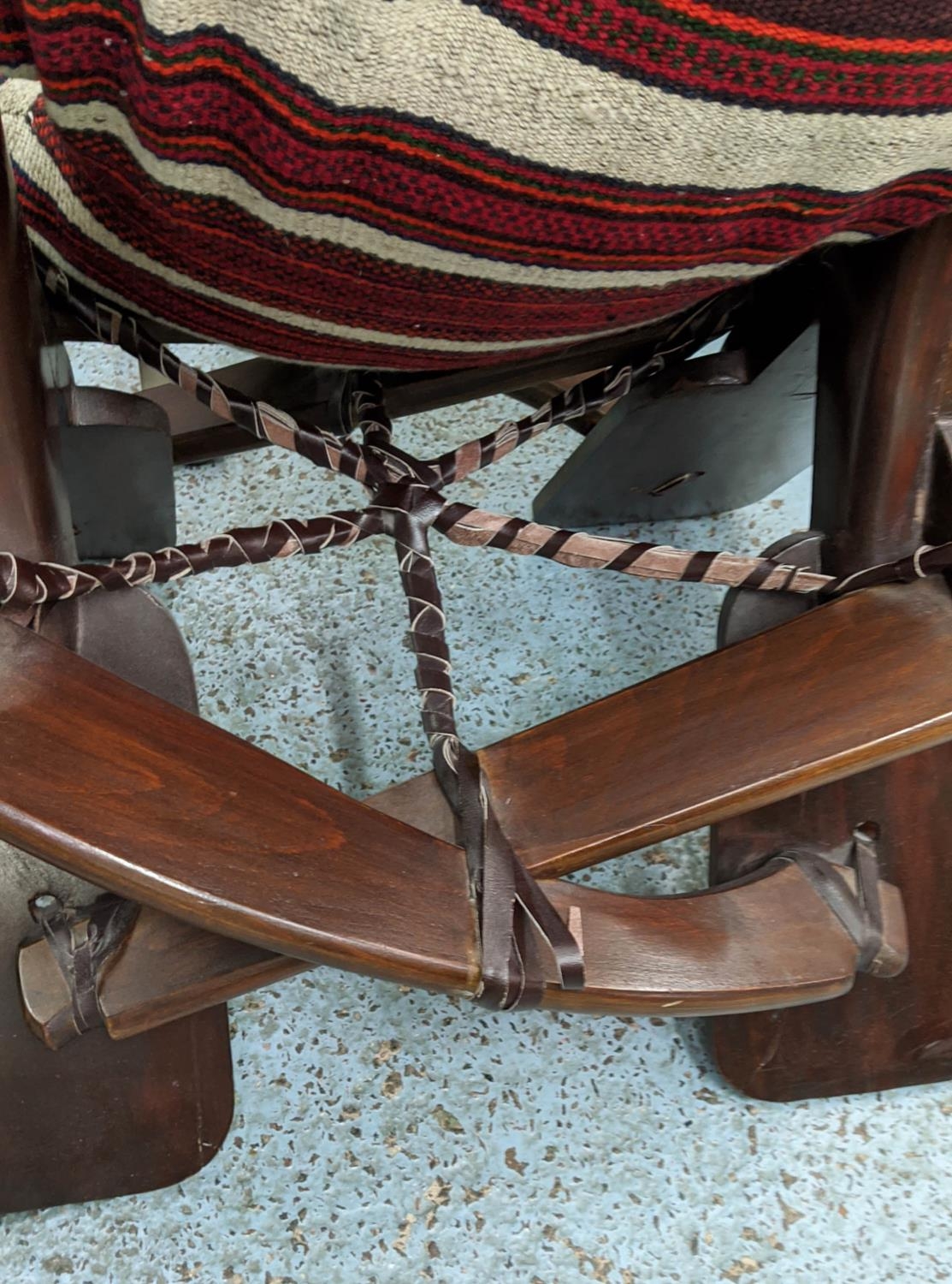 CAMEL SADDLE, contemporary, with kilim seat cushion, 70cm x 70cm x 58cm. - Image 5 of 5