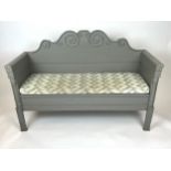 SWEDISH HALL BENCH, Gustavian design grey painted with lift up box seat, 103cm H x 147cm x 50cm.