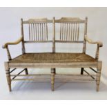 HALL BENCH, late 19th century American style beechwood and fruitwood framed with rail back and