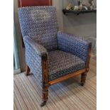 ARMCHAIR, 74cm W x 105cm H William IV rosewood with blue Fleur de lys patterned upholstery.