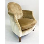 TUB ARMCHAIR, Edwardian golden yellow velvet upholstered with round back and square section