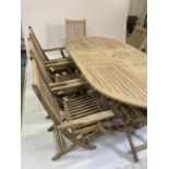 GARDEN TABLE AND CHAIRS, weathered teak rounded rectangular slatted 75cm H x 119cm x 210cm L with