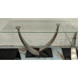 CONSOLE TABLE, 76cm H x 122cm x 46cm, glass top on curved metal supports, platform base.