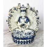 BLUE AND WHITE PROCELAIN STATUE, depiciting a Hindu deity figure, 55cm x 50cm.