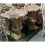 GARDEN URNS, a pair, foliate detail, composite stone, 69cm x 59cm diam. (2)