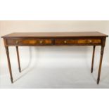 HALL/SERVING TABLE, Regency design, walnut crossbanded and chequer lined, with two frieze drawers,