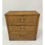 BAMBOO CHEST, 1950's vintage bamboo framed and cane panelled with three long drawers, 76cm x 41cm