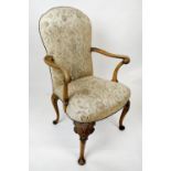 OPEN ARMCHAIR, 68cm x 109cm H, Queen Anne style with faded tapestry style walnut fabric and carved