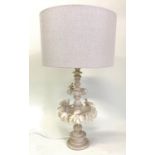 ALABASTER TABLE LAMP, Italian carved with two tiers and birds and linen shade, 70cm H. (2)