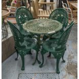 GARDEN TABLE, 66cm H x 67cm D, green painted metal, and a similar set of four chairs. (5)