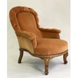 ARMCHAIR, late Victorian walnut, velvet upholstered, with buttoned arms and cabriole supports,