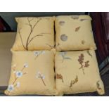 CUSHIONS, a set of four, 30cm x 33cm, silk, hand embroidered, yellow ground, foliage and shell