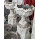 ARCHITECTURAL GARDEN URNS ON STANDS, a pair, 100cm x 47cm diam, composite stone, Gothic revival