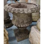 GARDEN URN, 55cm x 55cm diam, composite stone Regency style, grape vine detail.