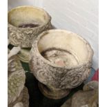 GARDEN URNS ON PEDESTALS, a pair, 48cm x 48cm diam, composite stone. (2)