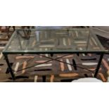 LOW TABLE, 44cm H x 102cm x 51cm, green patinated metal with rectangular glass top.