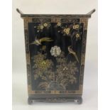 SIDE CABINET, Chinese black lacquer with gilt Chinoiserie decoration and two doors, 71cm x 31cm x