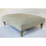 CENTRE STOOL, rectangular golden chenille upholstered with turned tapering oak supports, 107cm x