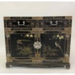 SIDE CABINET, Chinese black lacquer and gilt Chinoiserie decoration with two drawers and two