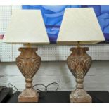 TABLE LAMPS, a pair, carved 77cm H, including shades. (2)