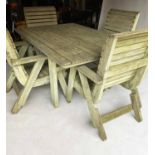 PEPE GARDEN SET, vintage planked and slatted with four armchairs with cushions and table, chairs