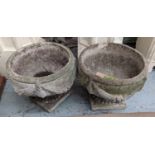 GARDEN URNS, a pair, 33cm x 38cm diam, composite stone, swag detail. (2)