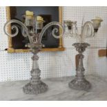 CANDELABRA, 51cm H x 35cm, a pair glass, each twin light and a three branch glass and silvered