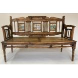INDIAN ESTATE BENCH, 19th century North Indian teak with reverse painted panelled back and turned