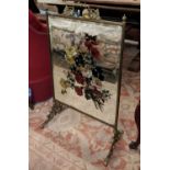 FIRE SCREEN, 52cm x 86cm H, 20th century, brass frame with mirrored plate and floral painted detail.