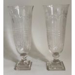 STORM LANTERNS, a pair, cut glass with flared rims with stepped bases, 45cm H. (2)