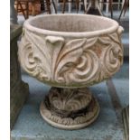 GARDEN URNS, a set of two, composite stone, foliate design, another of swirl design, 67cm x 47cm