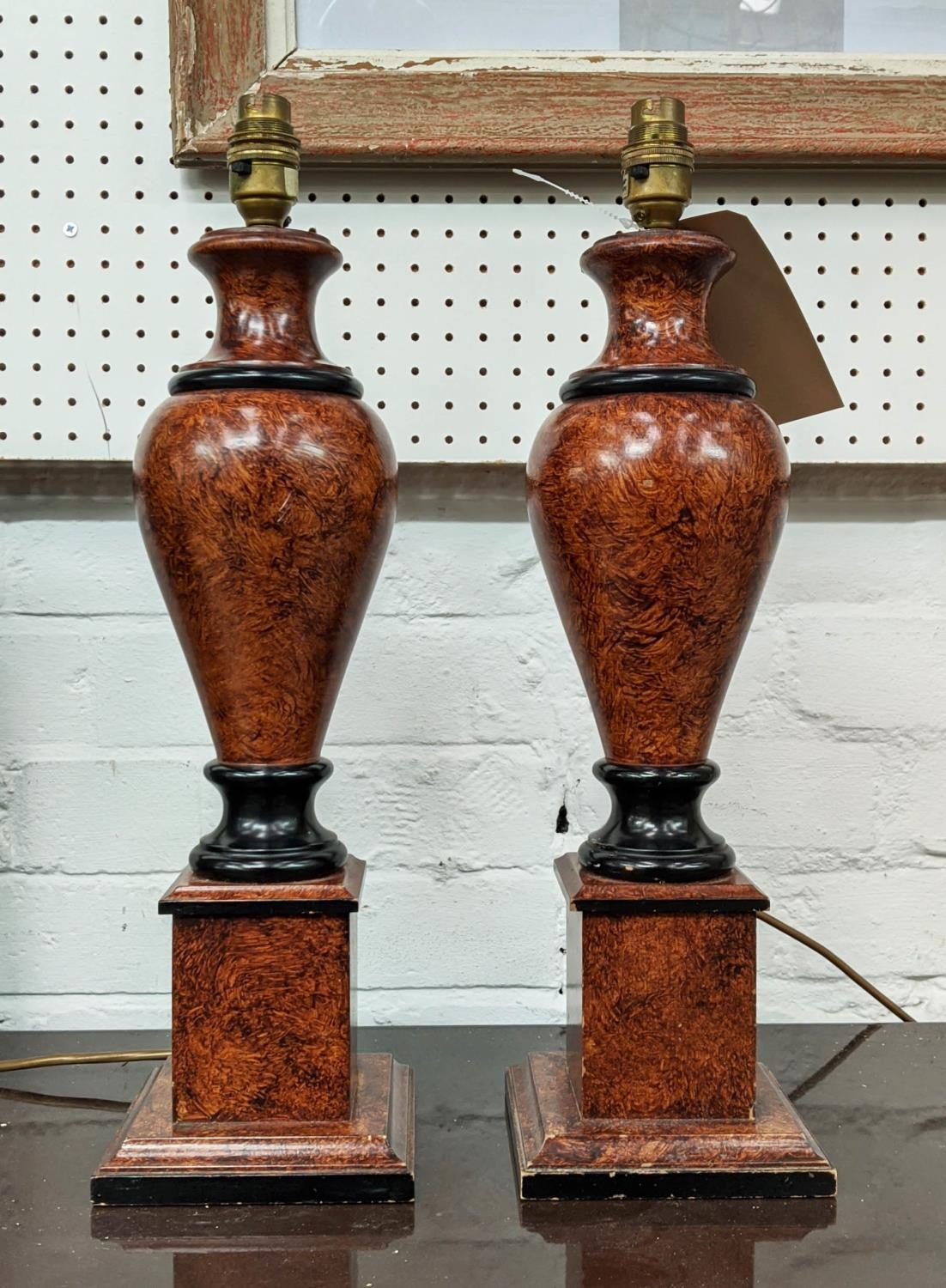 TABLE LAMPS, a pair, faux bur walnut and ebonised bases, 47cm H. (2) - Image 2 of 4