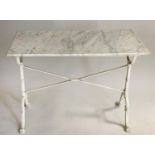 CONSERVATORY/POTTING TABLE, rectangular veined carrara marble on dual cast iron trestle supports,