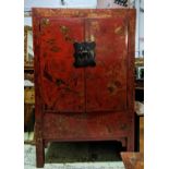 MARRIAGE CABINET, 119.5cm x 56cm x 189cm, red lacquered front with painted detail and two doors.