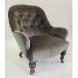 ARMCHAIR, Victorian, buttoned velvet upholstered, with arched back and serpentine front, 70cm W.