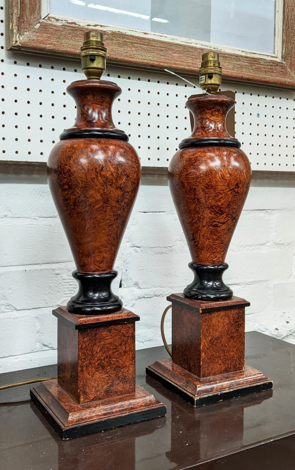 TABLE LAMPS, a pair, faux bur walnut and ebonised bases, 47cm H. (2)