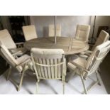 BRAMBLECREST GARDEN SET, weathered slatted teak, oval table with eight folding armchairs, complete