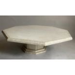 LOW TABLE, octagonal travertine solid and veneered on conforming plinth base, 130cm W x 38cm H.