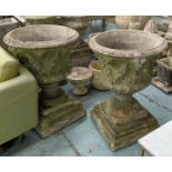 ARCHITECTURAL GARDEN URNS, a pair, 86cm x 58cm diam, composite stone with swag and rams head detail.