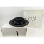 PHILIP TREACY SAKS FIFTH AVENUE BLACK WOVEN HAT, wide brim that is slightly curled under, subtle