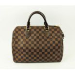 LOUIS VUITTON DAMIER EBENE SPEEDY 30 BAG, top leather rolled handles and leather trims, top zip