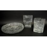 TAPIO WIRKKALA ICE GLASS , two vases and a bowl, tallest vase 25cm H, bowl, signature to base of