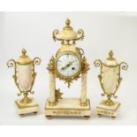 GARNITURE CLOCK SET, French, 'La Cloche' Paris, white dial, eight day, onyx and gilt metal, with two