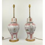 CHINESE TABLE LAMPS, a pair, bases each 42cm H including stems each 66cm H and Chinoiserie porcelain