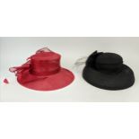 SIGGY LONDON HAT, black open ribbed gauze fabric and another hat, red colour open weave fabric. (2)