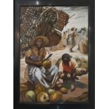 BAHAMAS SCHOOL, 'Market Scene with Coconut Traders', oil on board, 115cm x 80cm, framed.