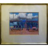 LEON MORROCCO, RSA, RGI (Scottish, b.1942) 'Beach Huts and Clouds', 1974, pastel drawing, signed and